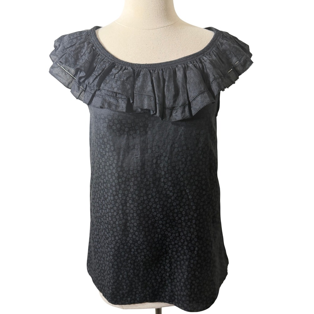 Juicy Couture Black Silk Blend Floral Jacquard Ruffle Neck Blouse Top Size 6